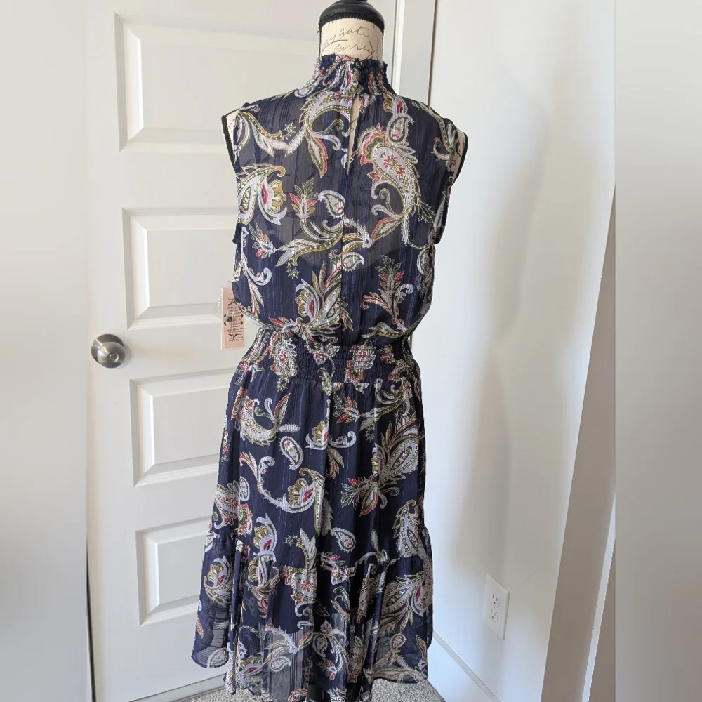 Nanette Lepore Navy Paisley High-Neck Smocked Midi Dress Size 8 - Picture 2 of 10